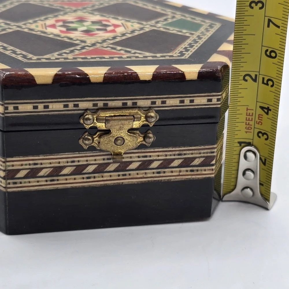 Vintage Moroccan Inlay‎ Wood Jewelry Box Geometric Marquetry Hexagon